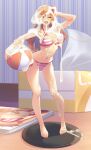  1girl :d azusa_(cookie) ball beachball bikini breasts bright_pupils bukkake cookie_(touhou) cum cum_on_object figure highres large_breasts one_eye_closed open_mouth orange_eyes orange_hair smile striped striped_bikini swimsuit tarmo tissue_box white_pupils 