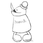  1:1 2021 armless artist_name bowler_hat clothed clothing digital_drawing_(artwork) digital_media_(artwork) dot_eyes english_text full-length_portrait fully_clothed hat headgear headwear holding_knife holding_object homestar_runner homsar humanoid knife male mouth_hold not_furry portrait shirt shirt_logo simple_background sketch smile solo standing text toony topwear ubernerdmaster white_background 