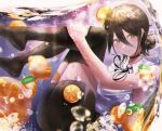  1girl black_choker black_hair black_legwear black_ribbon blush bubble chainsaw_man choker closed_mouth collared_shirt commentary cup food fruit full_body glass green_eyes hair_between_eyes hair_bun in_container in_cup isobe47 lemon lemon_slice looking_at_viewer neck_ribbon reze_(chainsaw_man) ribbon shirt short_hair short_shorts shorts side_slit sleeveless sleeveless_shirt smile solo submerged thighhighs thighs tied_hair water white_shirt wing_collar zettai_ryouiki 