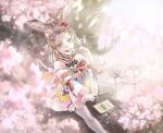  1girl animal_ears bare_shoulders blonde_hair cherry_blossoms dango eating flower food forehead fox_ears fox_girl fox_tail hair_ornament hand_up highlights highres hololive looking_at_viewer makeup multicolored_hair omaru_polka outdoors petals sitting solo sushida0k tail thighhighs virtual_youtuber wagashi white_legwear 