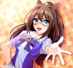  1girl animal_ears artist_name blue_eyes blue_ribbon blue_vest breasts brown_hair checkered checkered_background commentary_request drop_shadow el_condor_pasa_(umamusume) eyebrows_visible_through_hair gradient gradient_background hair_between_eyes hand_on_hip horse_ears horseshoe_ornament leaning_to_the_side long_hair looking_at_viewer mask medium_breasts open_mouth orange_background outstretched_hand ponytail puffy_short_sleeves puffy_sleeves ribbon school_uniform shirt short_sleeves solo sparkle standing torinosuke tracen_school_uniform umamusume upper_body upper_teeth very_long_hair vest white_shirt 