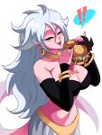  ! android_21 breasts colored_skin dragon_ball dragon_ball_fighterz eating food hamburger highres jewelry pink_skin red_eyes ring tail tina_fate white_hair 