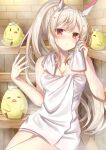  1girl :&lt; ayanami_(azur_lane) azur_lane bangs bare_shoulders bird blush breasts brick_wall chick cleavage collarbone commentary_request cowboy_shot eyebrows_visible_through_hair hair_ornament hairclip head_tilt holding holding_towel long_hair looking_at_viewer manjuu_(azur_lane) medium_breasts naked_towel orange_eyes ponytail retrofit_(azur_lane) sauna sidelocks silver_hair sitting steam sugisaki_yuu sweat towel towel_around_neck towel_on_head white_towel wiping_sweat wooden_bench wooden_wall 