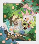  alternate_color berry_(pokemon) bucket carrying character_name chikafuji closed_eyes day faucet gen_2_pokemon gen_4_pokemon highres holding natu no_humans open_mouth outdoors pachirisu pokemon pokemon_(creature) shiny_pokemon standing tongue tooth tree water 