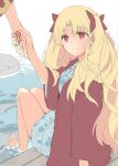  1boy 1girl bangs bath_yukata blonde_hair bow command_spell ears ereshkigal_(fate) eyebrows_visible_through_hair fate/grand_order fate_(series) feet fingernails fujimaru_ritsuka_(male) hair_bow hair_ornament hanten_(clothes) holding_hands in_water jacket japanese_clothes kimono long_hair myameco nose onsen parted_bangs red_bow red_eyes red_jacket rock smile toes twintails very_long_hair water yukata 