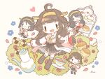  4girls ahoge bangs black_hair brown_hair bush chibi cookie cup flower food glasses hair_ornament hairclip haruna_(kancolle) headgear heart hiei_(kancolle) highres japanese_clothes kantai_collection kirishima_(kancolle) kongou_(kancolle) long_hair long_sleeves multiple_girls nada_namie nontraditional_miko open_mouth petals pleated_skirt ribbon-trimmed_sleeves ribbon_trim rose short_hair sidelocks signature simple_background skirt smile teacup teapot wide_sleeves 