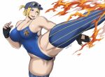  blonde_hair blue_eyes breasts eyewear_on_head final_fight fire hat kicking lucia_morgan police police_hat police_uniform policewoman shibusun street_fighter street_fighter_v swimsuit thick_thighs thighs uniform 
