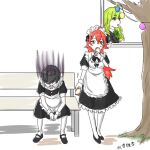  1boy 2girls alternate_costume bench black_dress black_footwear black_hair black_ribbon brown_eyes can dress enmaided facing_viewer fushikusa gloom_(expression) green_hair hair_between_eyes hair_ribbon himuro_(ogakoi) maid maid_headdress multiple_girls original ornament osanai_(shashaki) pantyhose red_hair ribbon sitting soda_can standing tree white_legwear window wrist_cuffs 