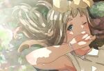  1girl blonde_hair bracelet covering_mouth faux_traditional_media green_eyes hair_ribbon hand_over_own_mouth hibike!_euphonium highres jewelry kataru_(ubw-emiya) long_hair looking_at_viewer lying on_back one_eye_closed plant ribbon solo tank_top yellow_ribbon yoshikawa_yuuko 