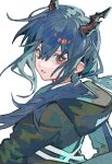  1girl arknights bangs black_coat blue_hair ch&#039;en_(arknights) coat dragon_horns from_behind hood hood_down hooded_coat horns long_hair looking_at_viewer looking_back low_twintails parted_lips qiqu red_eyes simple_background solo twintails v-shaped_eyebrows white_background 