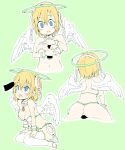  1girl absurdres angel angel_wings blonde_hair blue_eyes breasts disembodied_penis doodle green_background grinding halo highres leaning_forward ls-lrtha medium_breasts open_mouth original paizuri penis pointy_ears short_hair simple_background sitting thighhighs toeless_legwear wariza wings 