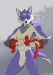  2021 absurd_res anthro anthrofied armor biped black_sclera bracers bulge canid canine canyne capcom cheek_tuft clothing facial_tuft fur grey_background head_tuft hi_res inner_ear_fluff male mammal monster_hunter navel neckerchief palamute purple_body purple_fur rope shaded shiuk simple_background solo standing text tuft underwear url video_games white_body white_fur yellow_eyes 
