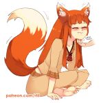  1girl animal_ears barefoot closed_mouth fang holo indian_style long_hair orange_hair patreon_username rtil scratching_chin simple_background sitting smile soles solo_focus spice_and_wolf tail watermark web_address wolf_ears wolf_girl wolf_tail 