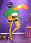  agri_birds angry_birds anthro avian bird clothing crossgender female fur green_body green_fur hal_(angry_birds) high_heels legwear long_beak sasha_(angry_birds) screencap solo stockings underwear unknown_artist video_games 