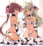  2girls :d absurdres alternate_costume animal_costume animal_ears animal_print aqua_eyes ass ass_visible_through_thighs bangs bell bikini blonde_hair blush brown_eyes brown_hair candy closed_mouth collar cow_ears cow_print cowbell cowboy_shot dark_skin dark_skinned_female elbow_gloves eyebrows_visible_through_hair fake_animal_ears fake_horns flat_chest food gloves grecale_(kancolle) hair_between_eyes hairband highres holding horns kantai_collection kneeling libeccio_(kancolle) lollipop long_hair looking_at_viewer multiple_girls navel neck_bell odawara_hakone open_mouth print_legwear side-tie_bikini simple_background smile string_bikini swimsuit thighhighs tongue tongue_out twintails twitter_username wavy_hair white_background white_bikini white_gloves white_legwear 