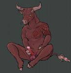  2021 anthro arrived_le bovid bovine erection genital_piercing genitals hand_on_penis hi_res hooved_hands hooves horn male mammal nude penis penis_piercing piercing red_eyes simple_background solo tattoo 