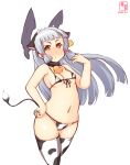  1girl animal_ears animal_print artist_logo bikini breasts commentary_request covered_nipples cow_ears cow_horns cow_print cow_tail dated fake_animal_ears fake_horns front-tie_top hair_ribbon headgear highres horns kanon_(kurogane_knights) kantai_collection long_hair micro_bikini murakumo_(kancolle) navel one-hour_drawing_challenge orange_eyes ribbon short_eyebrows side-tie_bikini sidelocks silver_hair simple_background small_breasts solo swimsuit tail thighhighs tress_ribbon white_background white_bikini white_legwear 