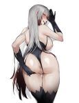  1girl absurdres anus arm_up asmodeus_(megido72) ass black_gloves black_legwear blur_censor blurry blush breasts breasts_outside censored closed_mouth clothing_aside commentary_request depth_of_field drooling female_pubic_hair from_behind gloves hand_on_own_ass highres kiyomasa_(dangan) large_breasts long_hair looking_at_viewer looking_back megido72 multicolored_hair nipples profile pubic_hair pussy pussy_juice red_eyes red_hair saliva silver_hair simple_background solo standing thigh_gap tongue tongue_out two-tone_hair very_long_hair white_background 