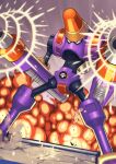  1boy arm_cannon armor blurry commentary_request depth_of_field dual_wielding dutch_angle explosion firing grey_background highres holding looking_to_the_side male_focus mega_man_(series) mega_man_battle_network napalmman.exe netnavi solo sound_effects standing tesshii_(riza4828) weapon 