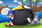  2018 anthro belly big_belly black_clothing blue_body breasts clothing duo eulipotyphlan female footwear fur gloves grass grey_body grey_fur handwear hedgehog hyper hyper_belly idw_publishing inflation male mammal outside overweight plant shoes sky sonic_the_hedgehog sonic_the_hedgehog_(comics) sonic_the_hedgehog_(idw) sonic_the_hedgehog_(series) speech_bubble tangle_the_lemur text tree water zaphod 
