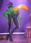  agri_birds angry_birds anthro avian bird bodysuit clothing crossgender female fur green_body green_fur hal_(angry_birds) high_heels long_beak rubber sasha_(angry_birds) screencap skinsuit solo spikes tight_clothing unknown_artist video_games 