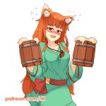  1girl alcohol animal_ears cup drunk fang holding holding_cup holo long_hair looking_at_viewer open_mouth orange_hair patreon_username red_eyes rtil smile solo spice_and_wolf tail watermark web_address wolf_ears wolf_girl wolf_tail 