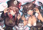  animal_ears asian_clothes cleavage crossover final_fantasy final_fantasy_xiv genshin_impact hu_tao miqo&#039;te mirukurim neko no_bra penguin tail 