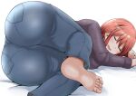  1girl ass barefoot blush closed_eyes denim highres jeans jewelry long_hair lying on_side open_mouth original pants red_hair ribbed_sweater ring sleeping smile solo sweater tongue wedding_band yano_toshinori 