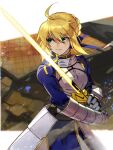  1girl ahoge armor armored_dress artoria_pendragon_(fate) bangs blonde_hair blue_dress blue_ribbon braid dress excalibur_(fate/stay_night) fate/stay_night fate_(series) fighting_stance french_braid gauntlets glowing glowing_weapon green_eyes hair_between_eyes highres holding holding_weapon huge_ahoge long_sleeves looking_to_the_side melty_blood melty_blood:_type_lumina oni_gini ribbon saber serious shaded_face short_hair solo sword tsukihime weapon white_background wind wind_lift 