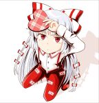  1girl :/ arm_above_head arm_up bangs bow box breasts closed_mouth commentary_request eyebrows_visible_through_hair foreshortening from_above fujiwara_no_mokou gift hair_bow hair_ribbon heart-shaped_box highres holding holding_box holding_gift long_hair long_sleeves looking_at_viewer pants plaid red_bow red_eyes red_footwear red_pants ribbon rozugadena shadow shirt silver_hair simple_background small_breasts solo squatting suspenders touhou tress_ribbon very_long_hair white_background white_bow white_shirt 