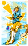  3:5 anthro azhax blue_clothing blue_sweater blue_topwear boots chaos clothing domestic_cat fan_character felid feline felis footwear fur hat headgear headwear hi_res male mammal original_character_do_not_steal quoci solo sweater topwear wildcat yellow_body yellow_fur yellow_short 