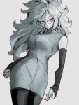  1girl android_21 breasts checkered checkered_dress closed_mouth dragon_ball dragon_ball_fighterz dress earrings glasses grey_background greyscale hair_between_eyes hoop_earrings jewelry kemachiku long_hair looking_at_viewer medium_breasts monochrome red_eyes simple_background solo v 