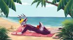  anthro antlers arilace beach beach_blanket belly blonde_hair blue_eyes bracelet butt cervid clothing collar damon_fallow flip_flops footwear fur girly gloves_(marking) hair hat headgear headwear hooves horn jewelry leg_markings lying male mammal markings nude on_front palm_tree plant purple_body purple_fur ribbons sand sandals seaside socks_(marking) solo tail_bow tail_ribbon tree underhoof white_belly white_markings 