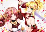  2girls blonde_hair clarent_(fate) dress fate/apocrypha fate_(series) frankenstein&#039;s_monster_(fate) green_eyes hair_ornament hair_over_eyes hair_scrunchie holding holding_sword holding_weapon horns mechanical_horn mordred_(fate) mordred_(fate)_(all) multiple_girls pink_hair ponytail red_scrunchie scrunchie short_hair single_horn smile sword weapon ycco_(estrella) yellow_eyes 