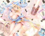  1girl :d arm_guards arm_up bangs bare_shoulders blue_dress blue_footwear blurry blurry_background blush breasts calcio card cleavage collarbone commentary_request crossed_legs dark_magician_girl dress duel_monster fang feet_out_of_frame floating_card green_eyes hair_between_eyes hand_up hat highres huge_breasts leaning_forward lens_flare lens_flare_abuse long_hair looking_at_viewer off-shoulder_dress off_shoulder open_mouth pentacle pentagram shiny shiny_skin sideboob sidelocks skin_fang sleeveless sleeveless_dress smile solo sparkle thighs top_hat very_long_hair wand wizard_hat yu-gi-oh! 