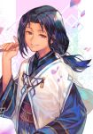  1boy bangs black_hair cherry_blossoms closed_fan fan folding_fan haku_(utawarerumono) holding holding_fan hungry_clicker long_hair looking_at_viewer paper_fan ponytail smile solo tied_hair utawarerumono utawarerumono:_futari_no_hakuoro utawarerumono:_itsuwari_no_kamen 