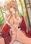  1girl azur_lane bangs blood blue_eyes breasts chinese_clothes cleavage collarbone dress eyebrows_visible_through_hair floral_print glorious_(azur_lane) glorious_(pungent_plum)_(azur_lane) groin hair_bun hair_ornament hair_stick hairpin highres large_breasts long_hair looking_at_viewer official_alternate_costume open_clothes red_dress sidelocks sitting solo stomach wide_sleeves youxuemingdie 