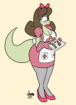  anthro brown_hair catherine_(jamearts) clothing cookie curvy_figure female food footwear gloves hair handwear hi_res implied_incest jamearts lipstick lizard makeup mature_anthro mature_female mother nylons parent reptile scalie serving_tray shoes solo 
