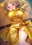  :o arms_behind_head bangs bare_legs bdsm blush breasts buttons cleavage desk embarrassed exhibitionism eyebrows_visible_through_hair large_breasts light_brown_hair looking_at_viewer lying messy_hair naked_raincoat navel on_back open_mouth original purple_eyes raincoat school_desk sekine_irie shiny teardrop tearing_up yellow_raincoat 