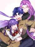  1boy 2girls blue_eyes blue_hair brother_and_sister closed_eyes denim fate/stay_night fate_(series) gakuran glasses hair_ribbon homurahara_academy_uniform hug jeans long_hair matou_sakura matou_shinji multiple_girls pants purple_hair red_ribbon ribbon rider school_uniform short_hair siblings smile sweater very_long_hair wavy_hair ycco_(estrella) 