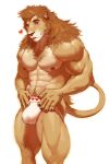  &lt;3 2021 abs absurd_res anthro biceps blush bulge chest_fur claws clothed clothing detailed_bulge felid finger_claws fur genital_outline hair hi_res jockstrap lion looking_aside male mammal mane mane_hair muscular muscular_anthro muscular_male nipples pantherine pecs penis_outline pinup pockyrumz portrait pose pubes quads red_eyes simple_background solo standing tan_body tan_fur three-quarter_portrait triceps underwear whiskers white_background 