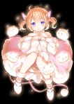  &gt;_&lt; 1girl :o angora_rabbit april_fools bangs bare_legs bare_shoulders black_background blush boots bow breasts bunny demon_girl demon_horns demon_tail dress evil_smile expressions eyebrows_visible_through_hair fang fur-trimmed_boots fur-trimmed_dress fur_choker fur_trim glowing glowing_horns gochuumon_wa_usagi_desu_ka? grin hands_on_own_chest highres horn_ornament horn_ribbon horns hoto_cocoa koi_(koisan) long_hair looking_at_viewer medium_breasts no_legwear orange_hair orange_theme pink_horns pink_tail pink_theme purple_eyes ribbon simple_background smile solo source_request sparkle tail teeth tippy_(gochiusa) too_many two_side_up white_bow white_dress white_footwear 