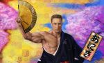  1boy abs billy_herrington bird blue_eyes cherry_blossoms duck gachimuchi japanese_clothes kimono manly muscular muscular_male nipples short_hair translation_request tree upper_body yellow_background zeze 
