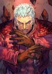 1boy abs brown_gloves choker cropped_jacket earrings gloves hungry_clicker jacket jewelry long_sleeves looking_at_viewer muscular muscular_male nanakase_yashiro pectorals red_jacket short_hair sleeves solo the_king_of_fighters the_king_of_fighters_xv white_hair 