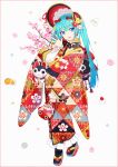  1girl :d aqua_hair bangs black_legwear blue_eyes blue_hair blush bonnet branch eyebrows_visible_through_hair floral_print flower frilled_kimono frilled_sleeves frills full_body gradient_hair hair_between_eyes hakusai_(tiahszld) hand_up hatsune_miku highres japanese_clothes kimono long_hair long_sleeves multicolored_hair open_mouth pink_flower platform_footwear print_kimono red_footwear red_headwear revision shirt sleeves_past_wrists smile socks solo tabi twintails vocaloid white_background white_shirt wide_sleeves 