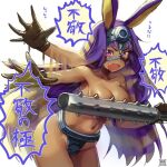  1girl afterimage bent_over black_gloves breasts club cosplay dark_skin dark_skinned_female eyes_visible_through_hair fang fate/grand_order fate_(series) gloves large_breasts long_hair low-tied_long_hair mask navel nitocris_(fate) open_mouth purple_hair signature solo spartacus_(fate) spartacus_(fate)_(cosplay) spiked_club topless translation_request very_long_hair wavy_mouth weapon zyunya 