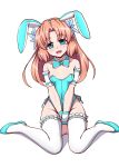  1girl animal_ears aqua_eyes aqua_leotard aqua_neckwear bow bowtie breasts brown_hair bunny_ears cleavage detached_collar flower full_body hair_flower hair_ornament leotard long_hair looking_at_viewer playboy_bunny senki_zesshou_symphogear serena_cadenzavna_eve simple_background sitting small_breasts smile solo strapless strapless_leotard thighhighs wariza white_background white_legwear wrist_cuffs zetsumu 