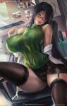 1girl antenna_hair bangs bare_shoulders black_hair black_legwear black_panties book breasts cabinet cameltoe chair covered_nipples deviantart_username eyebrows_visible_through_hair garter_straps glasses green_eyes green_sweater hair_between_eyes hasegawa_chisato jewelry labcoat lace-trimmed_panties lace_trim large_breasts leg_up lexaiduer lipstick long_hair looking_at_viewer lying makeup microskirt naked_labcoat navel on_back on_side open_mouth panties patreon_username picture_(object) ribbed_sweater shinmai_maou_no_testament sitting skirt sleeveless solo sweater thighhighs turtleneck turtleneck_sweater underwear 