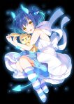  1girl :&lt; april_fools bangs bare_legs bare_shoulders black_background blue_hair blue_horns blue_tail blue_theme blush bow breasts bunny coat demon_girl demon_horns demon_tail eyebrows_visible_through_hair fangs fur_trim glowing glowing_horns gochuumon_wa_usagi_desu_ka? hair_bun hair_ornament hands_on_another&#039;s_ear highres horn_ornament horns jouga_maya koi_(koisan) looking_at_viewer open_mouth short_hair sideboob simple_background smile solo source_request sparkle striped striped_legwear stuffed_animal stuffed_toy tail white_coat white_footwear yellow_eyes 