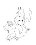  2021 anthro ashtray breasts butt camgirl canid canine canis clothing computer exposed_breasts female fluffy fluffy_tail hi_res hindpaw laptop looking_back mammal minimal_color mostly_nude nipples orange_sclera paws rear_view smoking solo streaming thick_thighs thorn_paw underwear wolf 